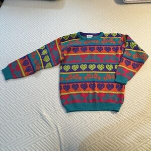 Vintage 1990s Jet Set Girls Sweater Size XL USA Made Fairisle Hearts Bows EUC